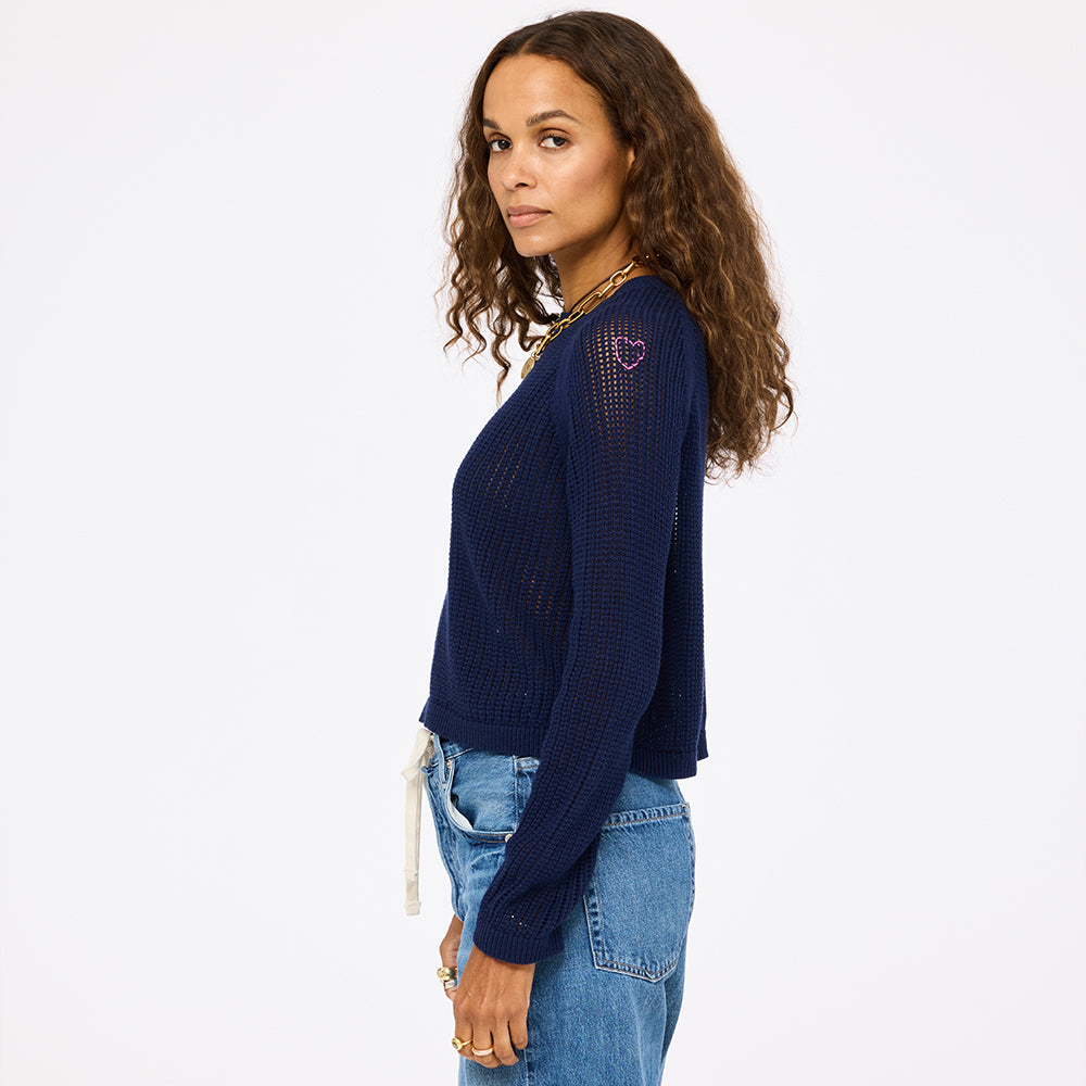 Malibu navy sweater women in 100% cotton with a heart applique - Shop cute navy blue sweaters by Kerri Rosenthal