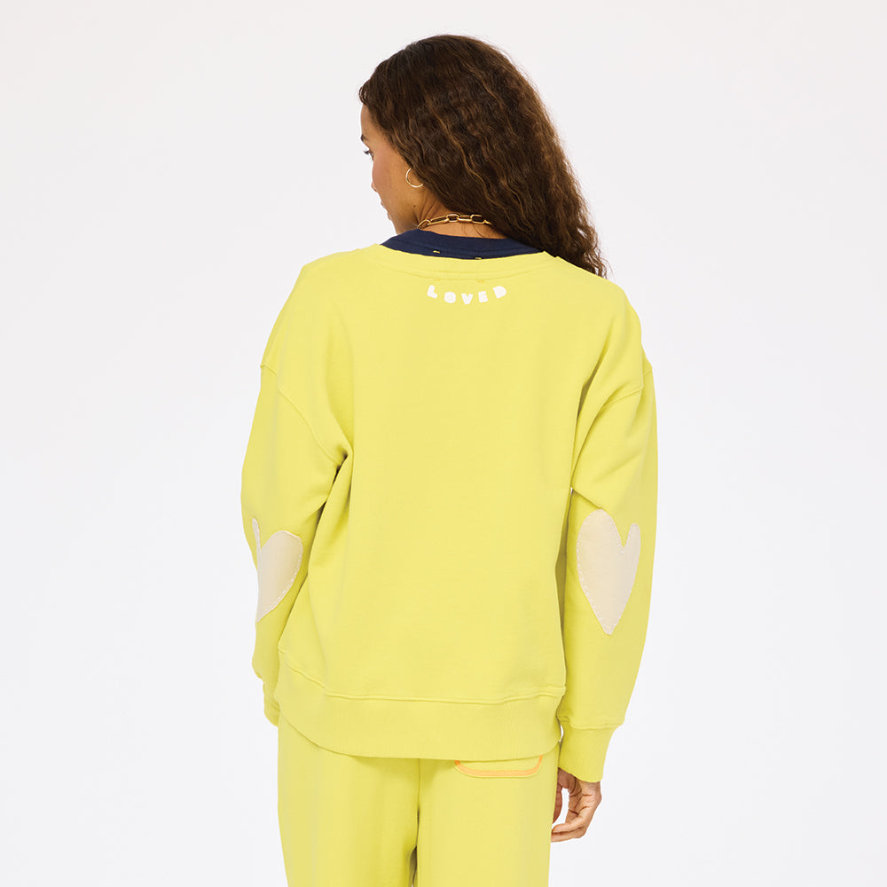 Lime green sweats in cotton terry with heart elbow patches - Shop women’s heart sweatshirts by Kerri Rosenthal