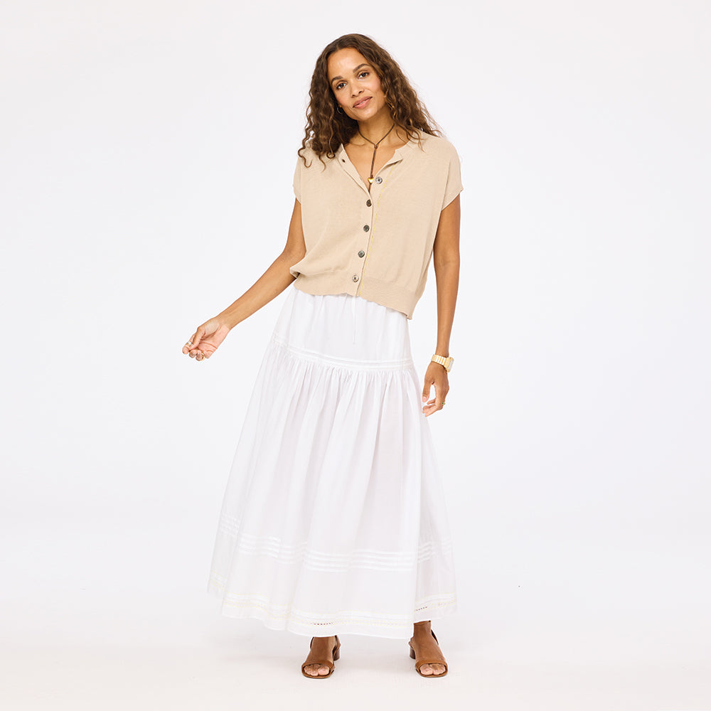 Vacance pintuck white long skirt in 100% cotton with beige cardigan - Shop women's maxi skirts by Kerri Rosenthal