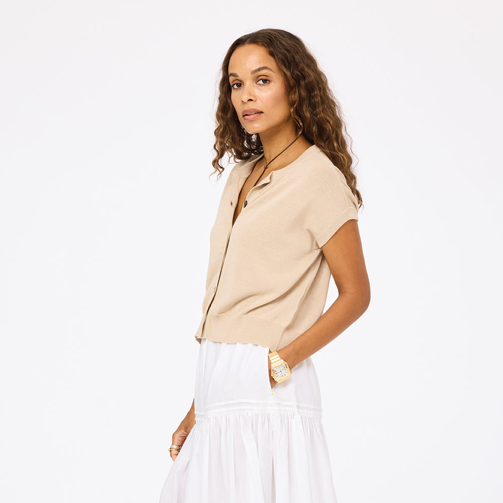 Vestie tan cardigan sweater in 100% cotton with short sleeves - Shop women's cute cardigans by Kerri Rosenthal
