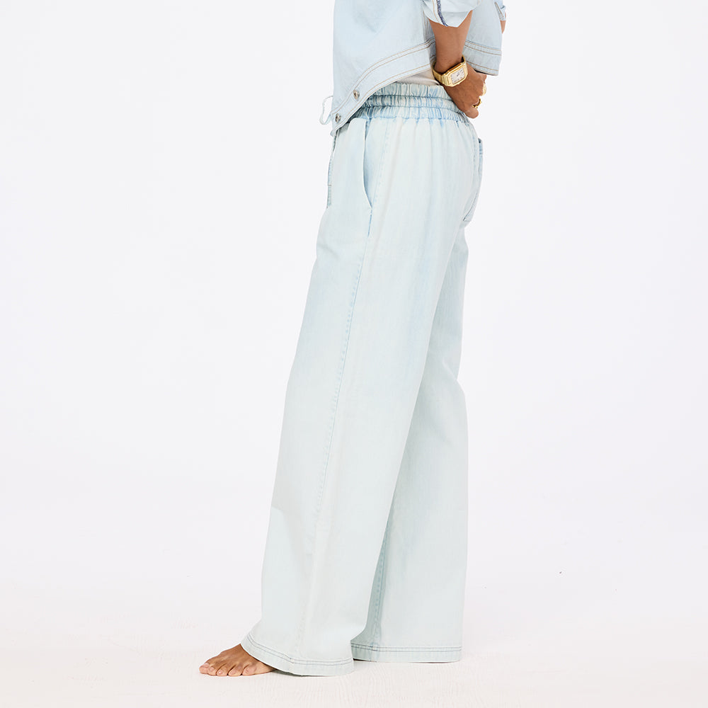 Light blue womens wide leg pants in 100% cotton denim - Shop women's cute cotton palazzo pants by Kerri Rosenthal