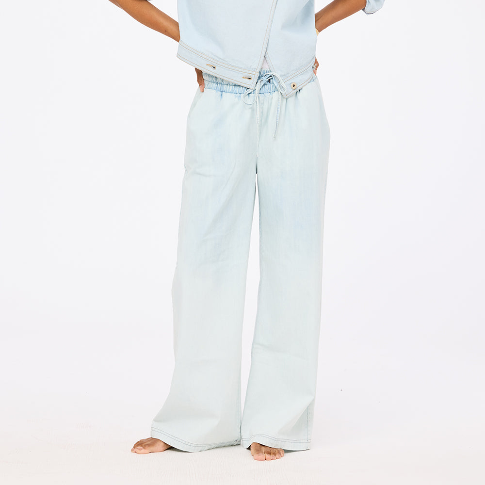 Light blue wide leg palazzo pants in cotton denim with drawcord waist - Shop cute cotton palazzo pants by Kerri Rosenthal