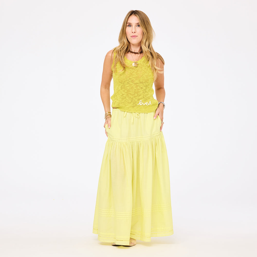 Vacance pintuck lime green cotton maxi skirt with sweater tank top - Shop cute maxi skirts by Kerri Rosenthal