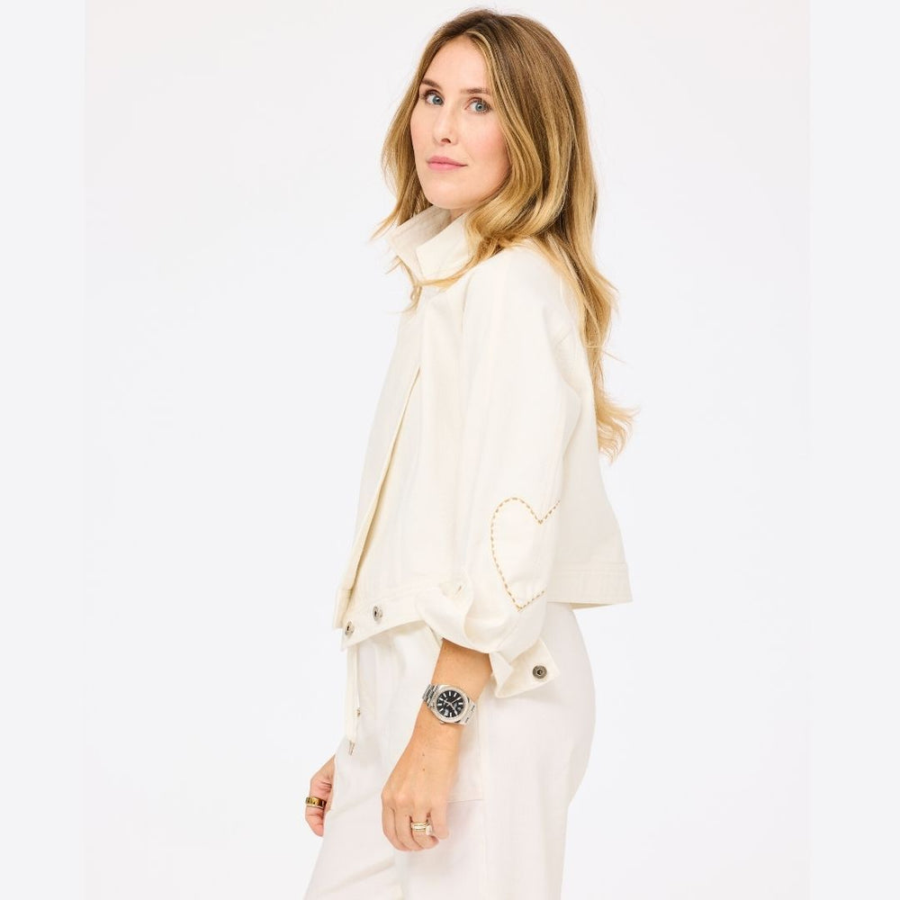light denim jacket in 100% cotton denim with Heart elbow patches - Shop women's white denim jackets by Kerri Rosenthal