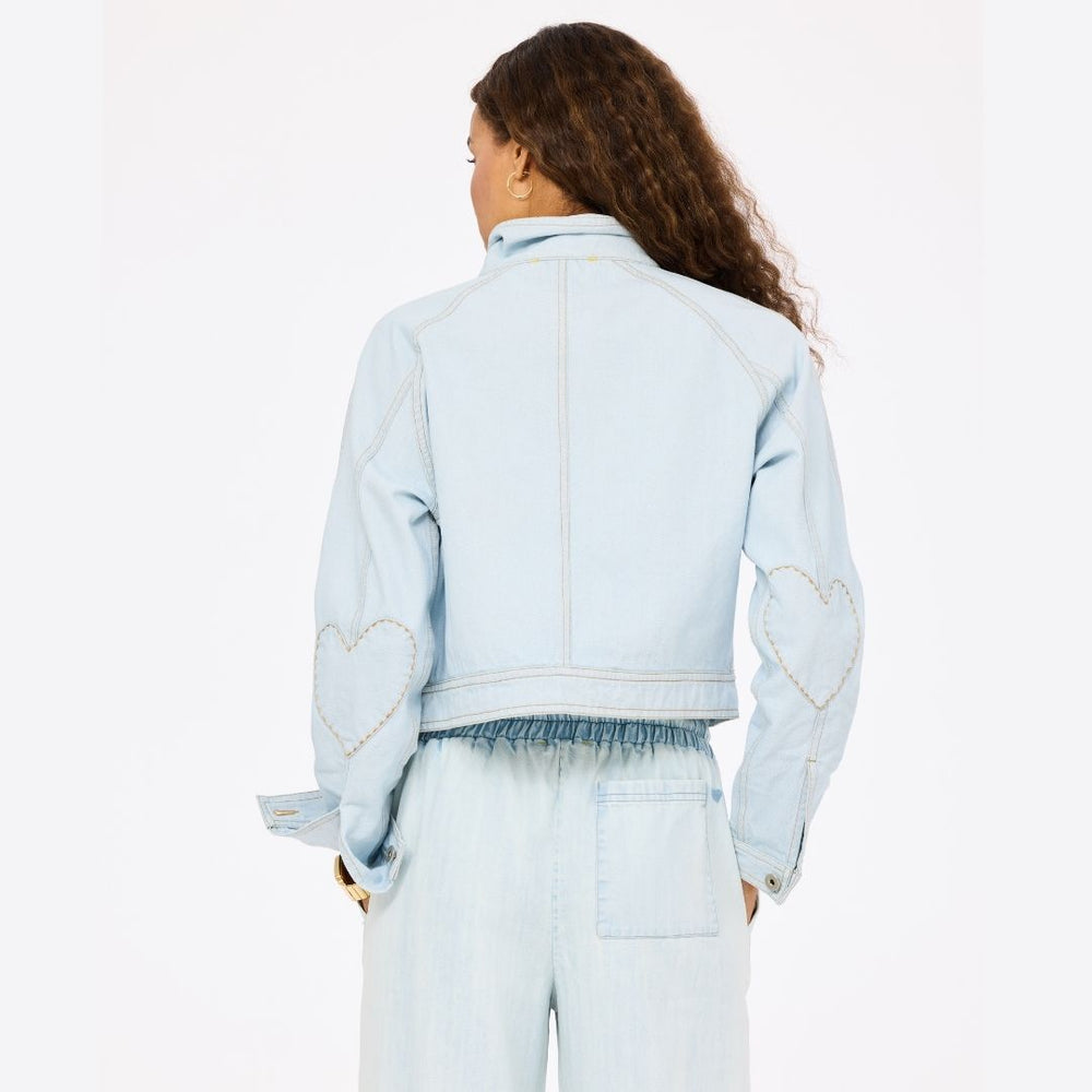 Double-breasted light blue denim jean jacket with heart elbow patches - Shop cute denim jackets by Kerri Rosenthal
