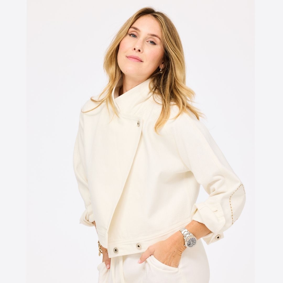 White denim jacket in 100% cotton denim with heart elbow patches - Shop women's white denim jackets by Kerri Rosenthal