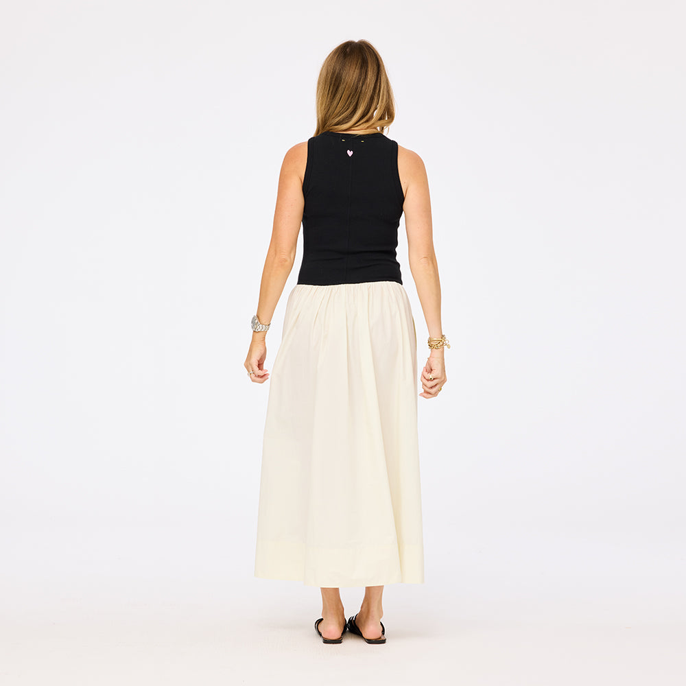 Black and off-white sleeveless maxi dress with heart embroidery - Shop womens cute maxi dresses by Kerri Rosenthal