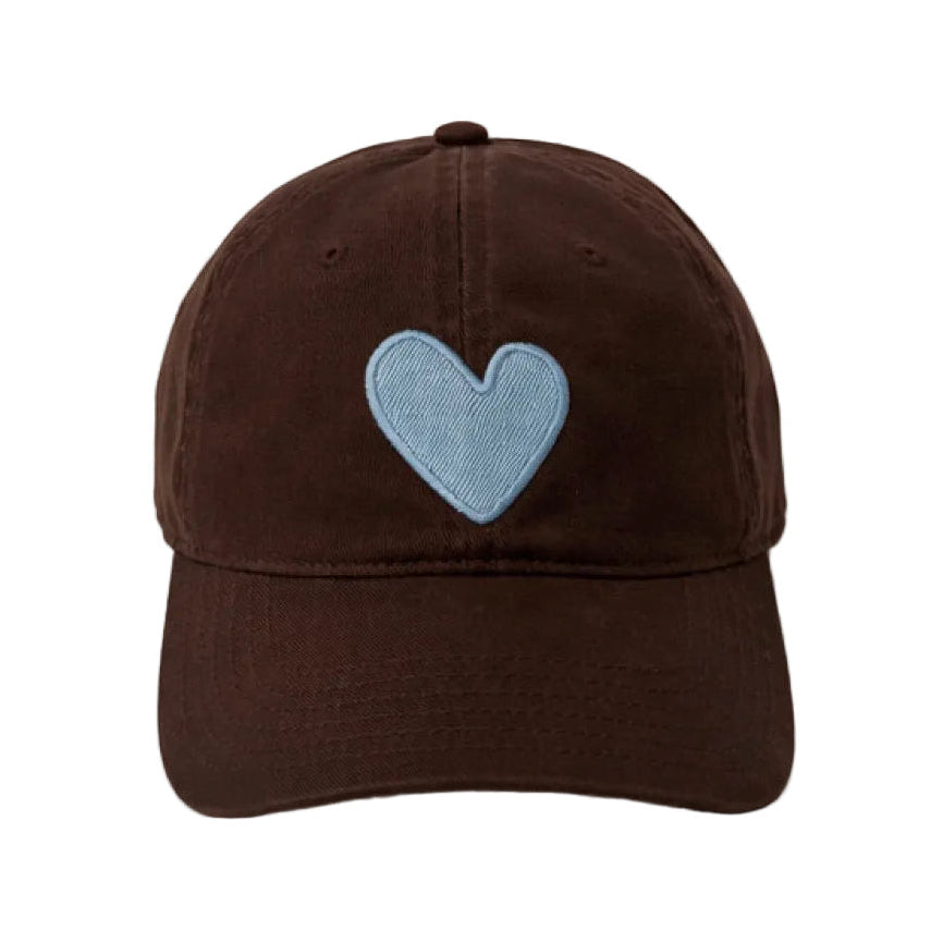 Kerri Rosenthal Imperfect Heart baseball cap in brown with blue chenille heart patch, front view