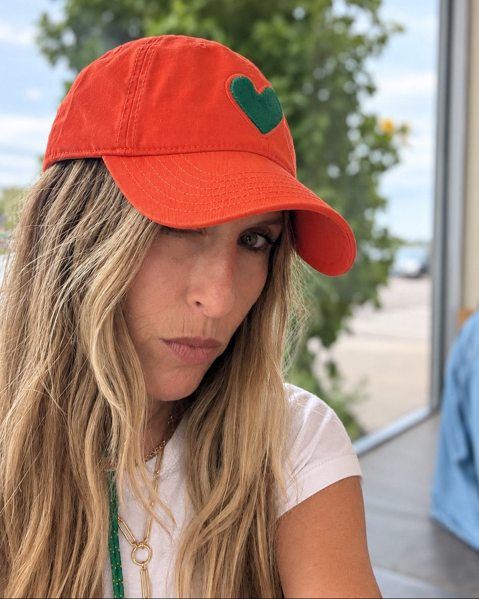 Kerri Rosenthal KR Imperfect Velvet Heart Hat in tomato with army green velvet heart patch — shop women's hats by Kerri Rosenthal, alternate view