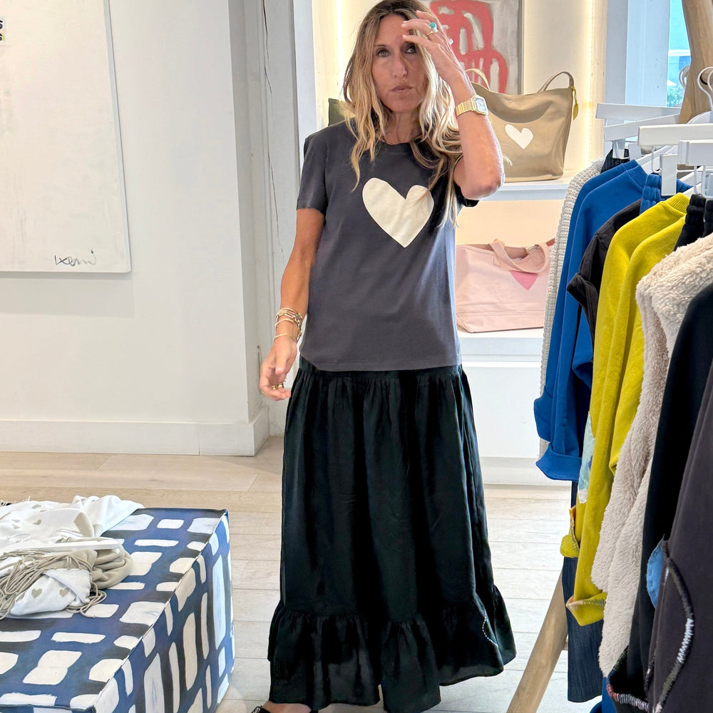Signature heart graphic tee in grey with black maxi skirt, everyday casual style