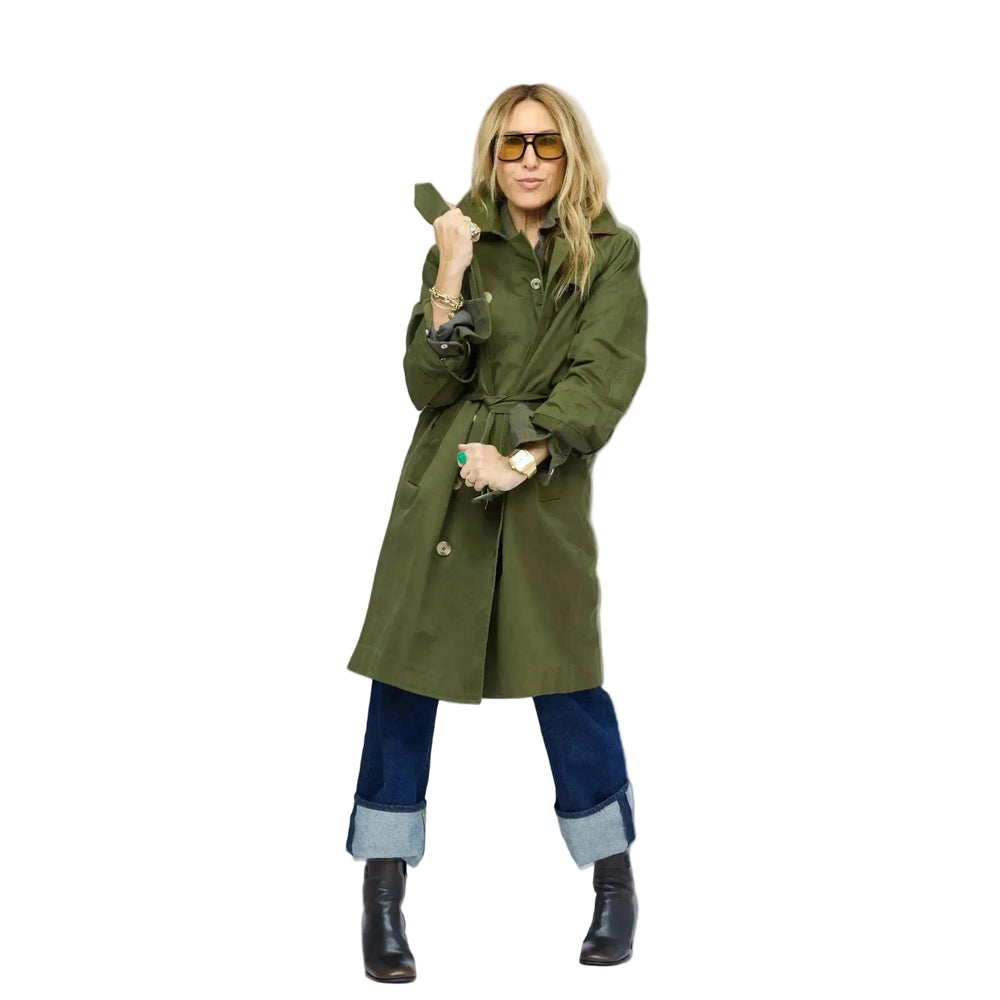 KR Trench Coat in olive green, double-breasted front view with contrast collar, styled with cuffed denim jeans