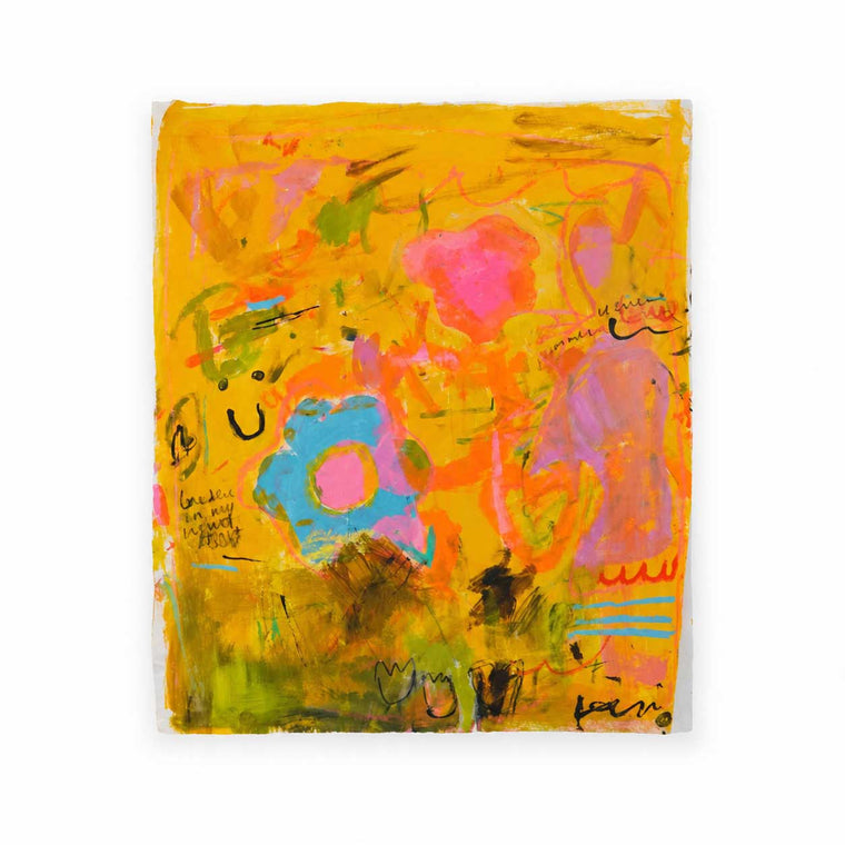 Wild Love Garden, a yellow abstract painting on paper with a blue and pink flower, by Kerri.