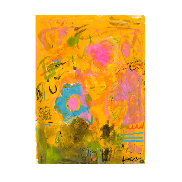 Wild Love Garden art print: a golden-orange field layered with a blue flower with a pink center, a pink blossom, olive-green patches and loose black handwritten marks, signed in the corner, shown as an unframed print