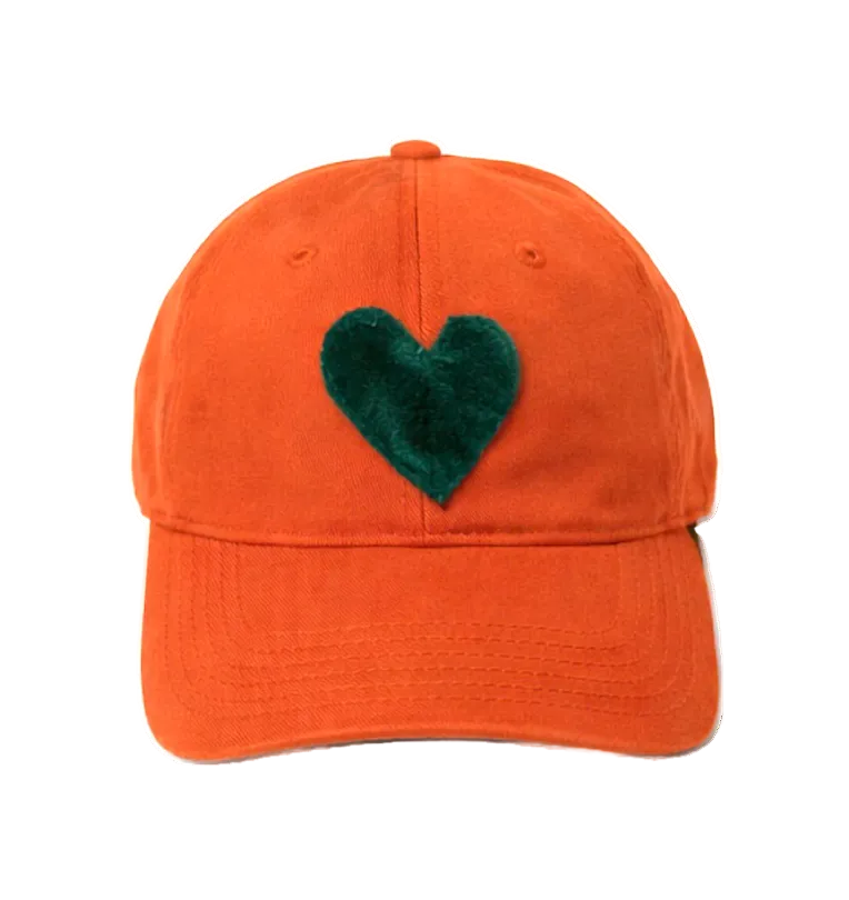 Kerri Rosenthal KR Imperfect Velvet Heart Hat in tomato with army green velvet heart patch — shop women's hats by Kerri Rosenthal
