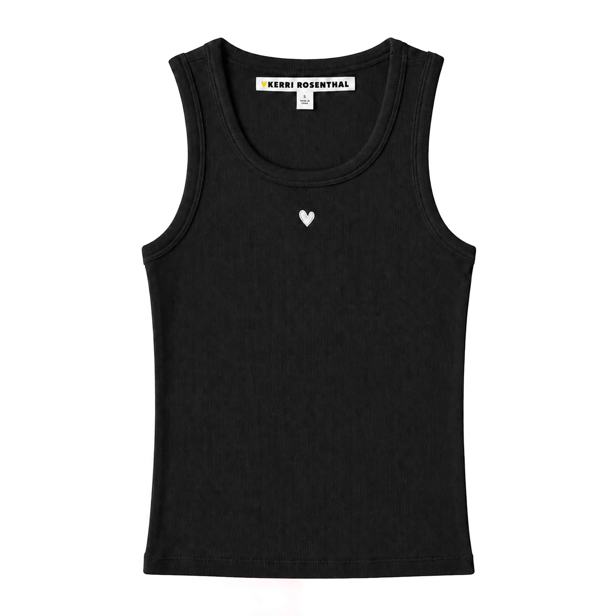 KR ribbed black tank top in cotton blend with a tiny embroidered heart - Shop women's tank tops by Kerri Rosenthal