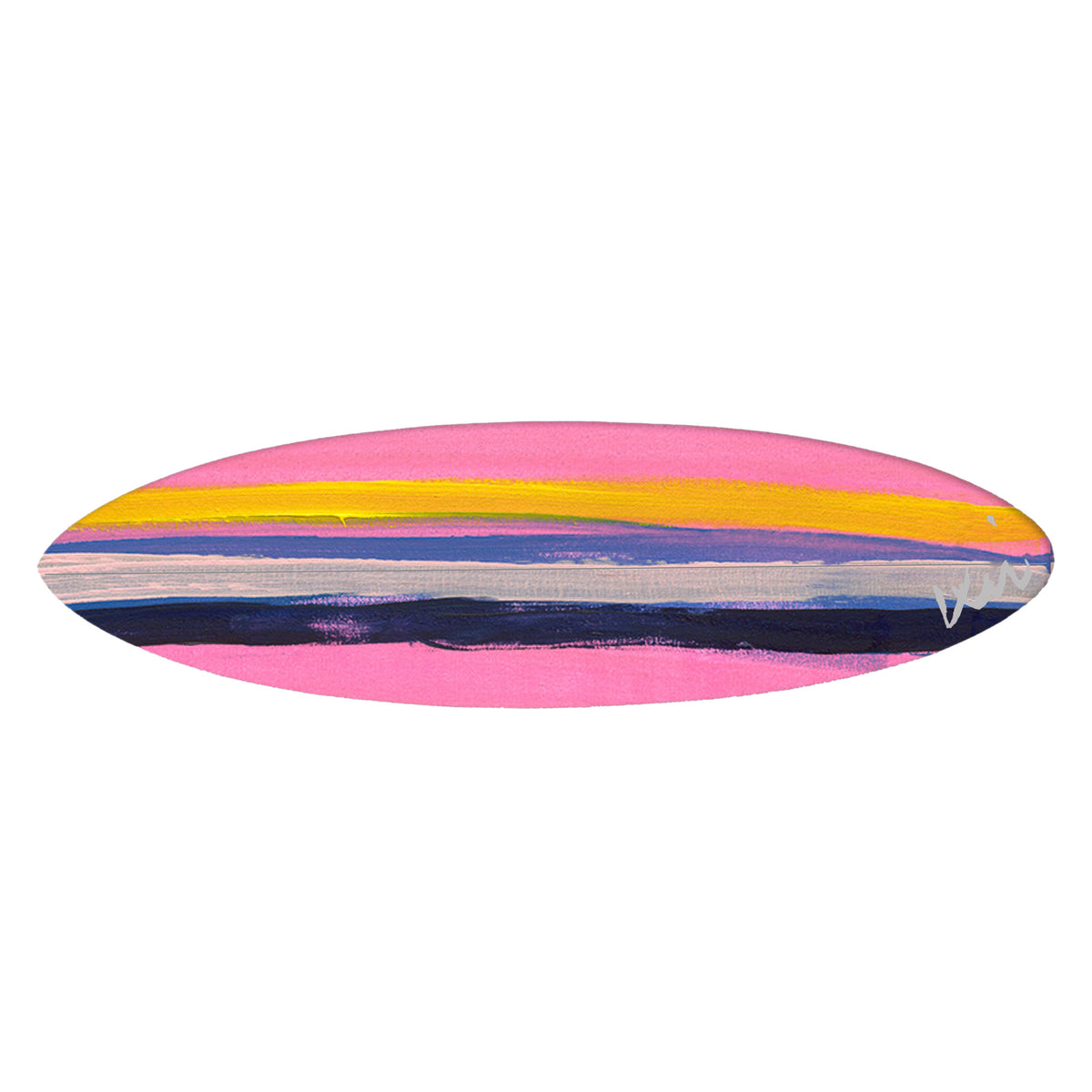 Handmade surfboard with bold rainbow lines by Kerri Rosenthal handmade and signed for surf or wall decor.