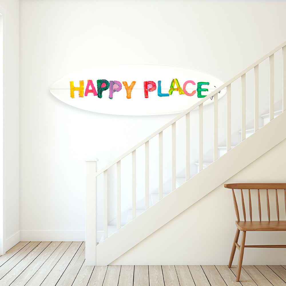 Cute home decor surfboard with multicolor word art by kerri rosenthal