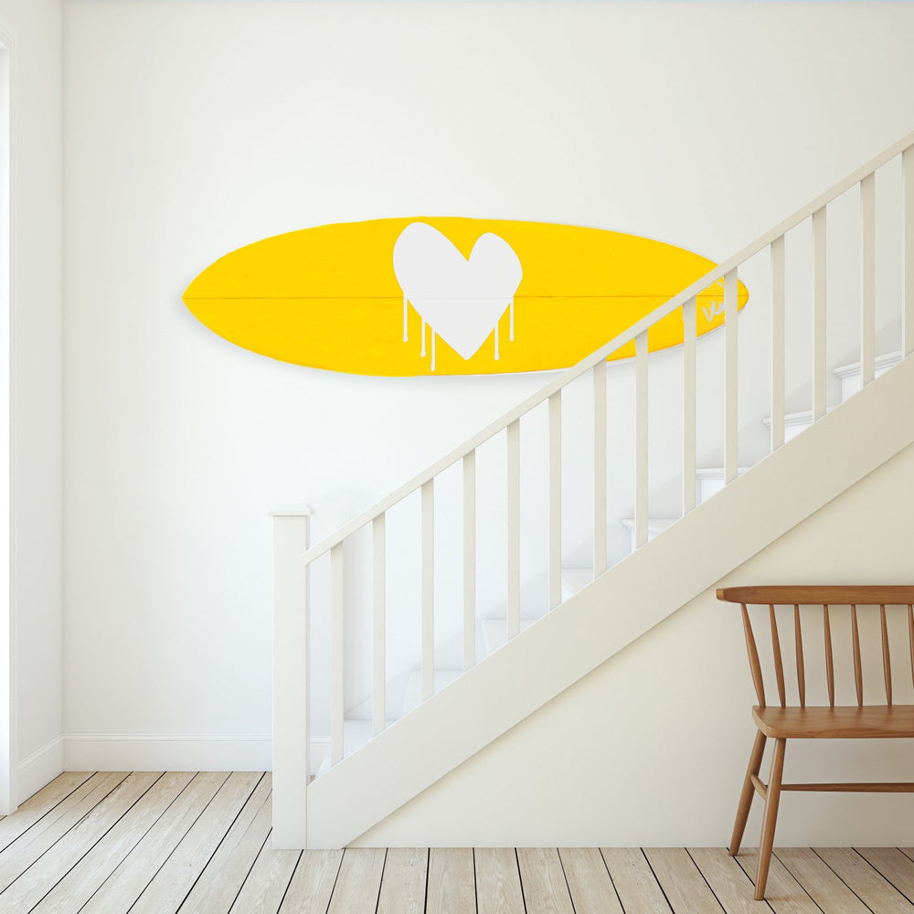 Cute yellow drippy heart wall decor surfboard by kerri rosenthal