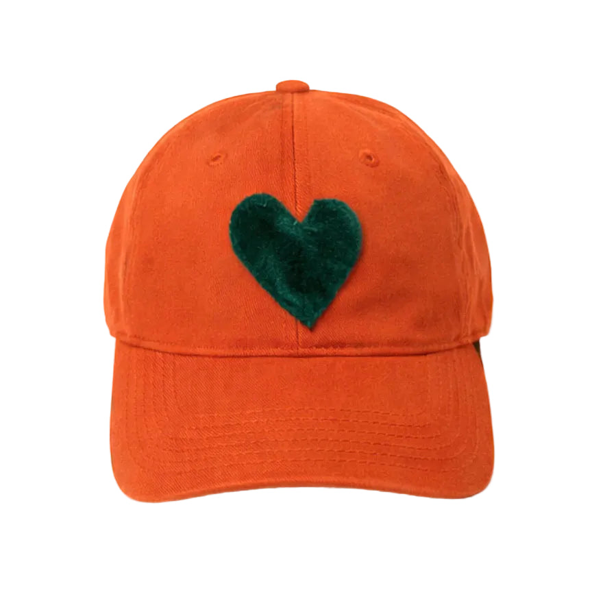 Kerri Rosenthal Imperfect Heart baseball cap in orange with green felt heart patch, front view