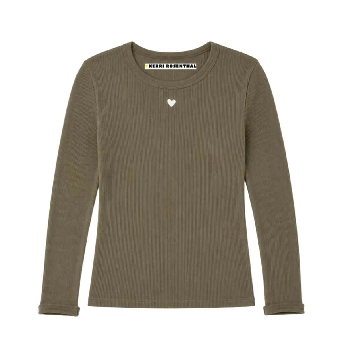 Kerri Rosenthal KR Long Sleeve Rib Tee in army green, ribbed crewneck with Imperfect Heart at center chest