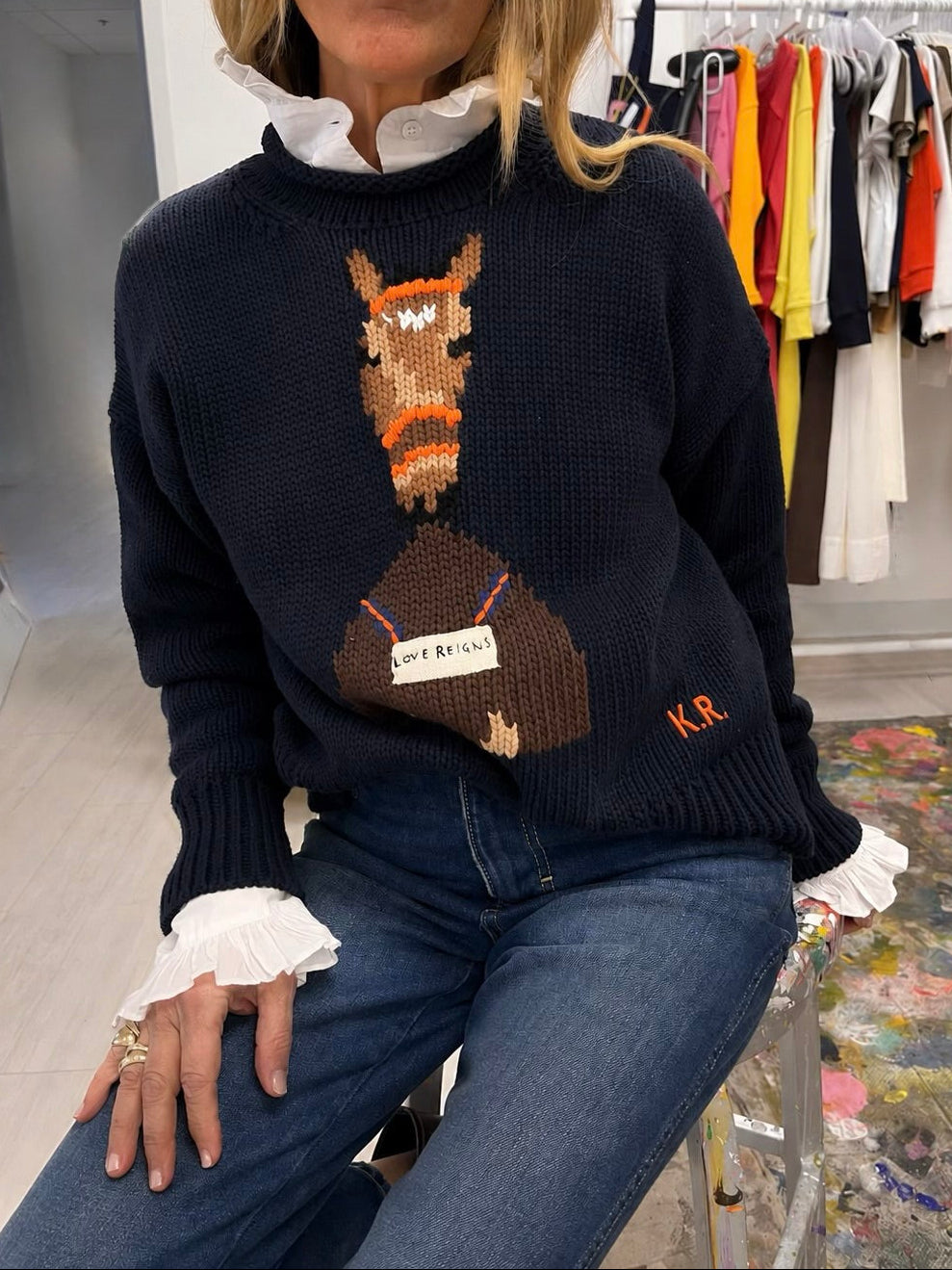 Kerri Rosenthal Roll Neck Love Reigns Sweater in indigo cotton with horse intarsia and roll neck, view 4