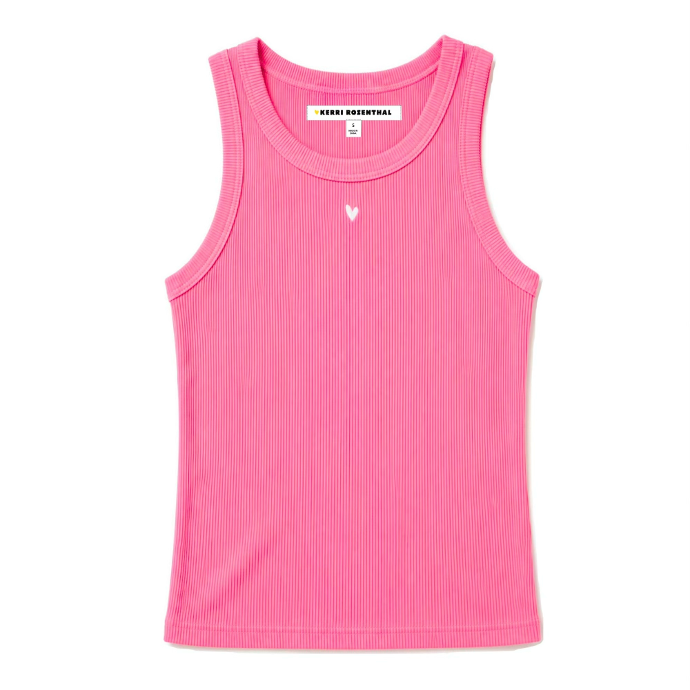KR ribbed cotton blend palm pink tank top with a contrast embroidered heart - flattering women's tank tops by Kerri Rosenthal