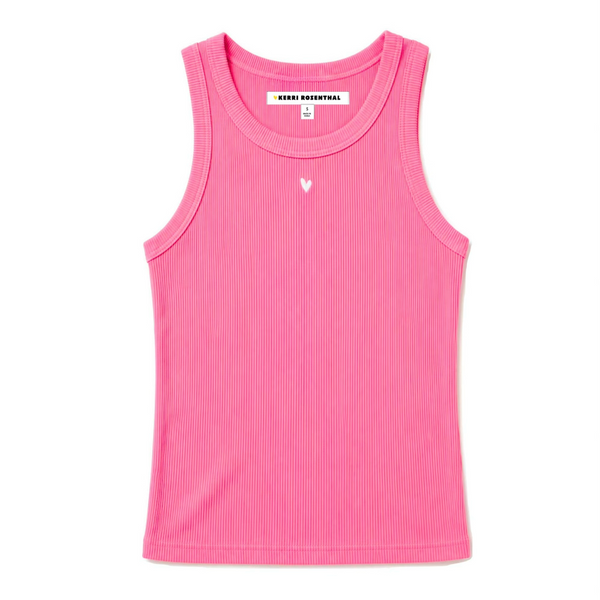 KR ribbed cotton blend palm pink tank top with a contrast embroidered heart - flattering women's tank tops by Kerri Rosenthal