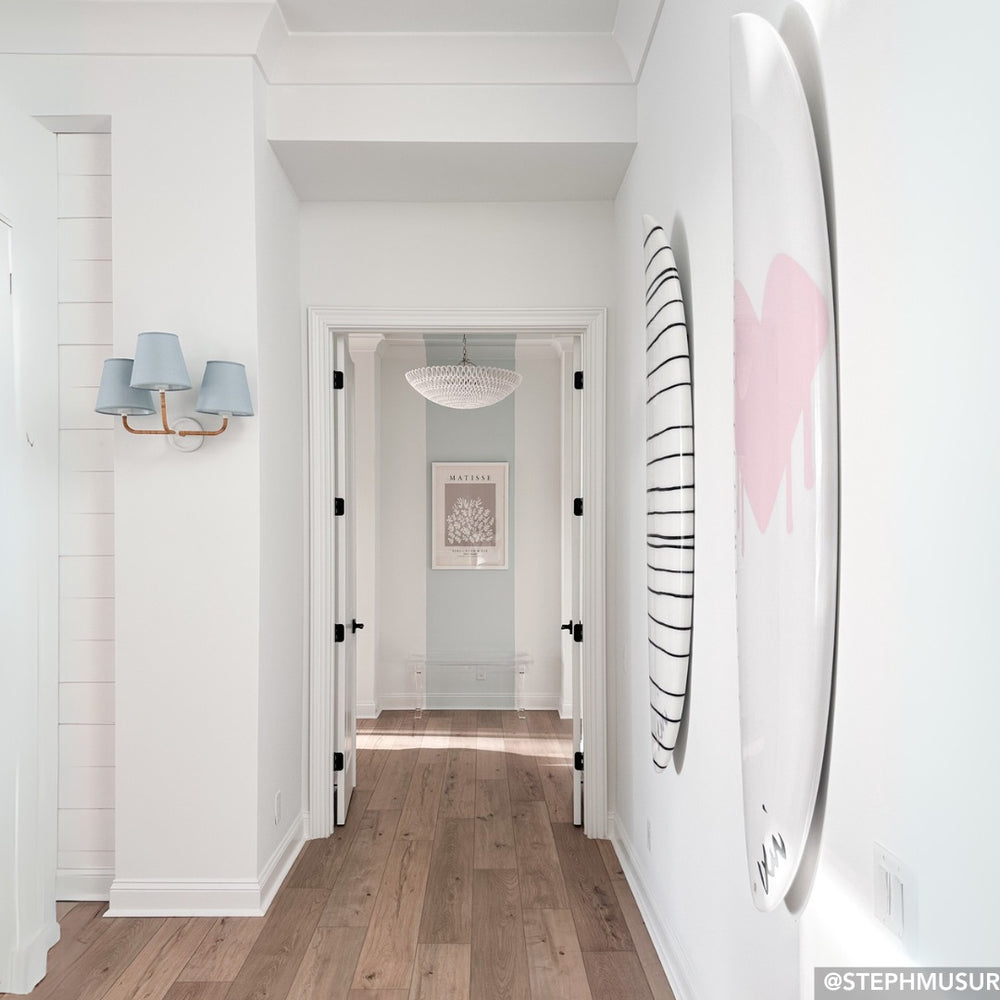 Handmade surfboard with pink heart art. Handmade and signed ideal for surfing or as wall decor.