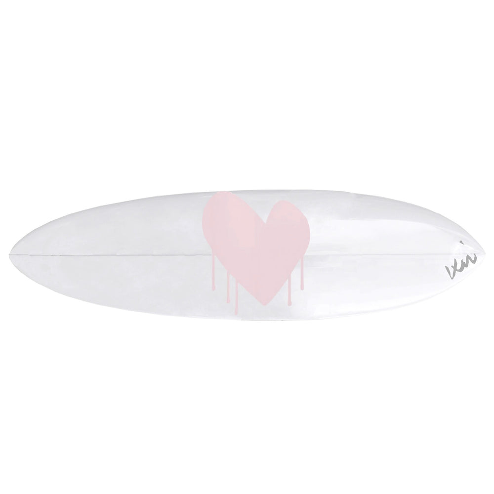 Surfboard with bright pink and white heart design by Kerri Rosenthal