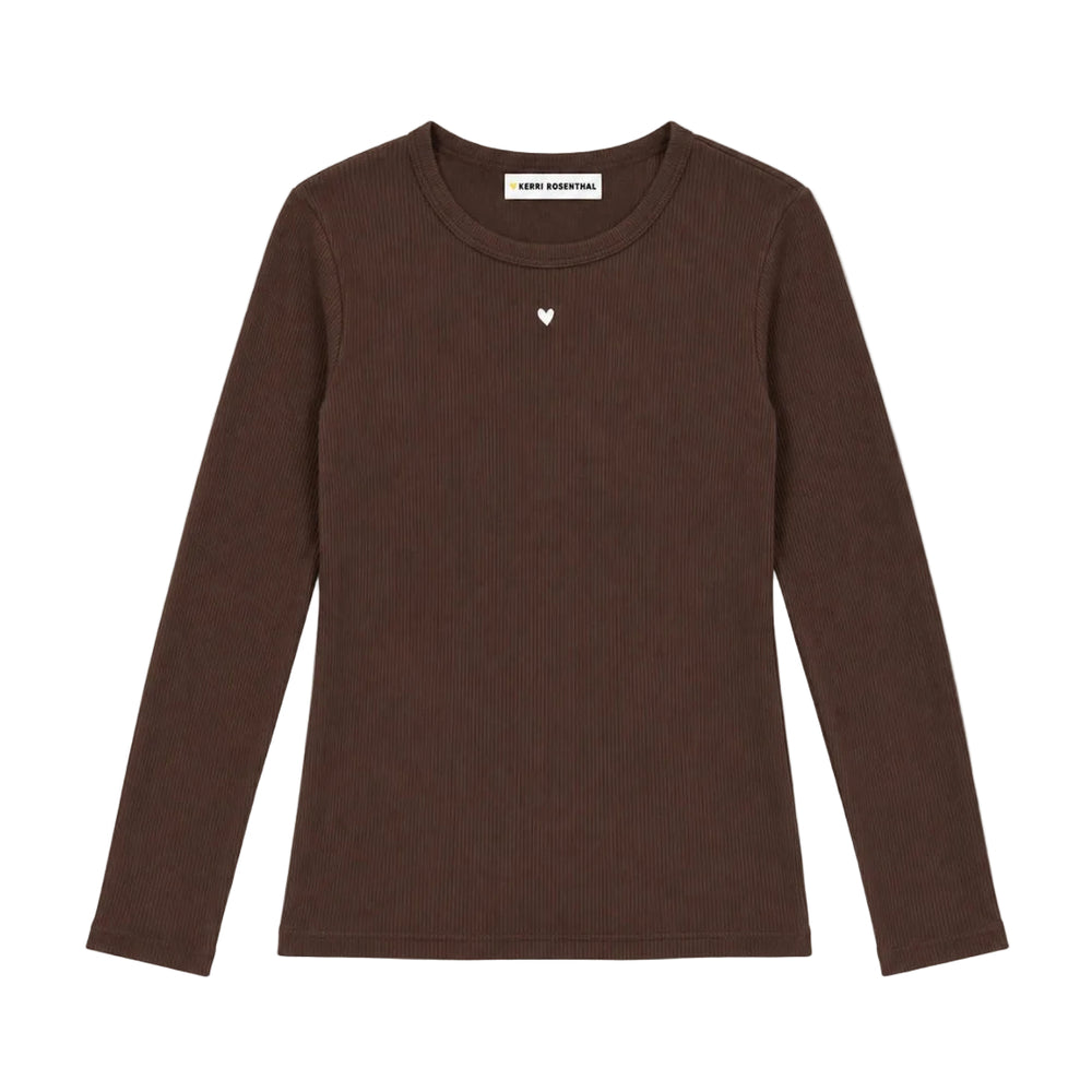 Kerri Rosenthal KR Long Sleeve Rib Tee in brown, ribbed crewneck with Imperfect Heart at center chest