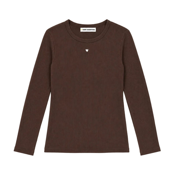 Kerri Rosenthal KR Long Sleeve Rib Tee in brown, ribbed crewneck with Imperfect Heart at center chest