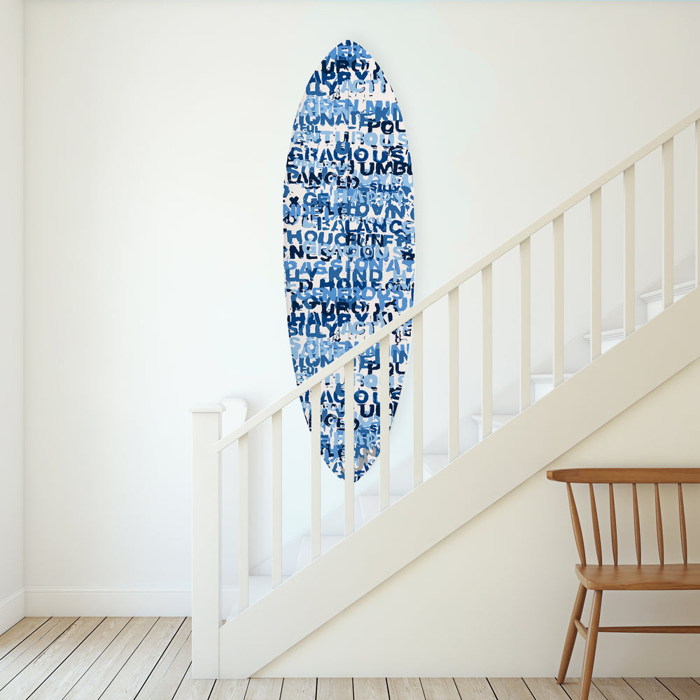 Word of the Day indigo blue word art surfboard - Shop handmade surfboard wall decor for home by Kerri Rosenthal