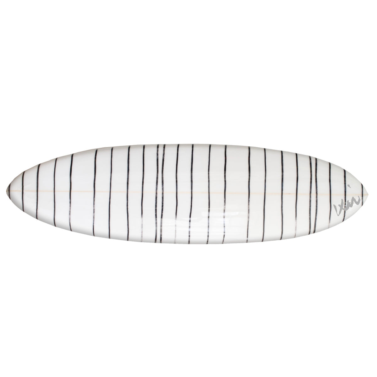 A black and white striped surfboard with a pointed tip, designed for wall display or surfing.