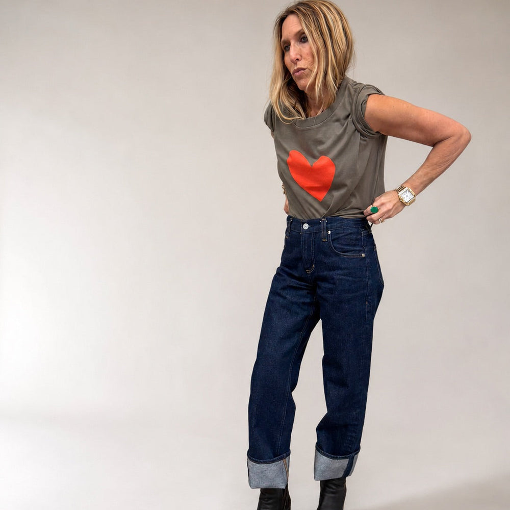 Kerri Rosenthal Suke Imperfect Heart Tee in army green with tomato heart artwork at center front, view 2