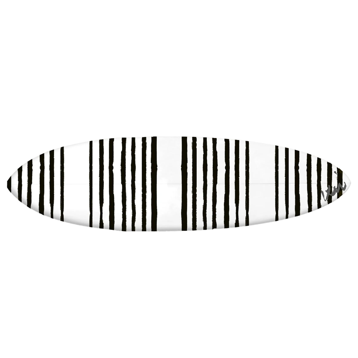 This black and white surfboard with stripes is ideal for collectors, decorators, and surfers looking for stylish and functional surf-inspired art.