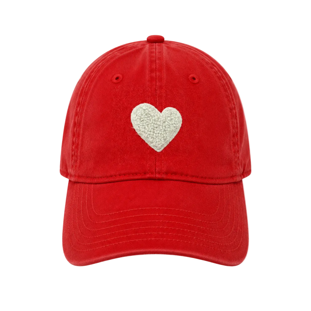 KR white chenille heart on cherri red baseball cap hat made from 100% cotton with an adjustable strap - Shop cute heart baseball caps by Kerri Rosenthal