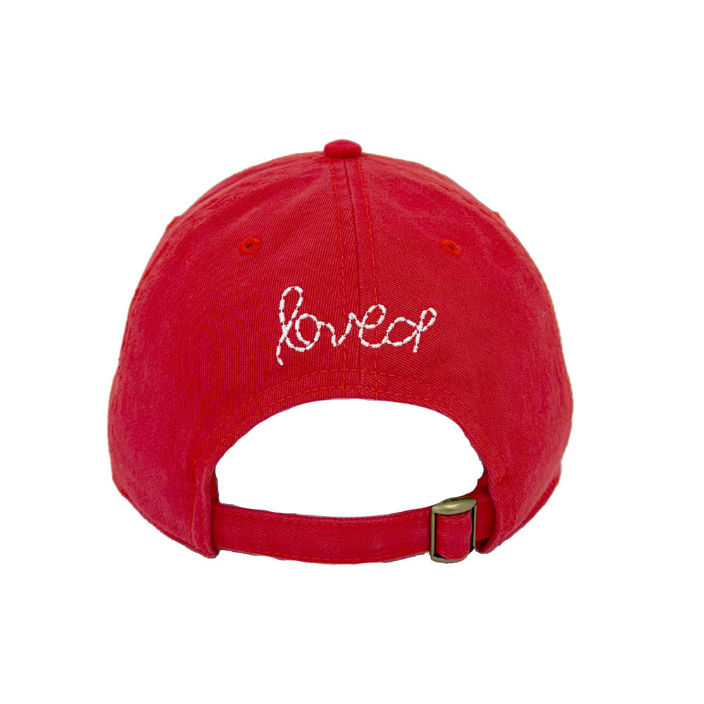KR white chenille heart on cherri red baseball cap hat made from 100% cotton with an adjustable strap - Shop cute heart baseball caps by Kerri Rosenthal