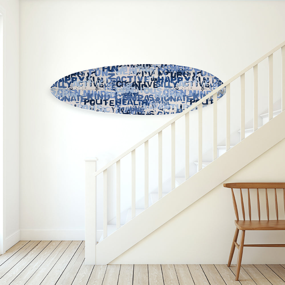Cute home decor surfboard with navy blue word art by kerri rosenthal