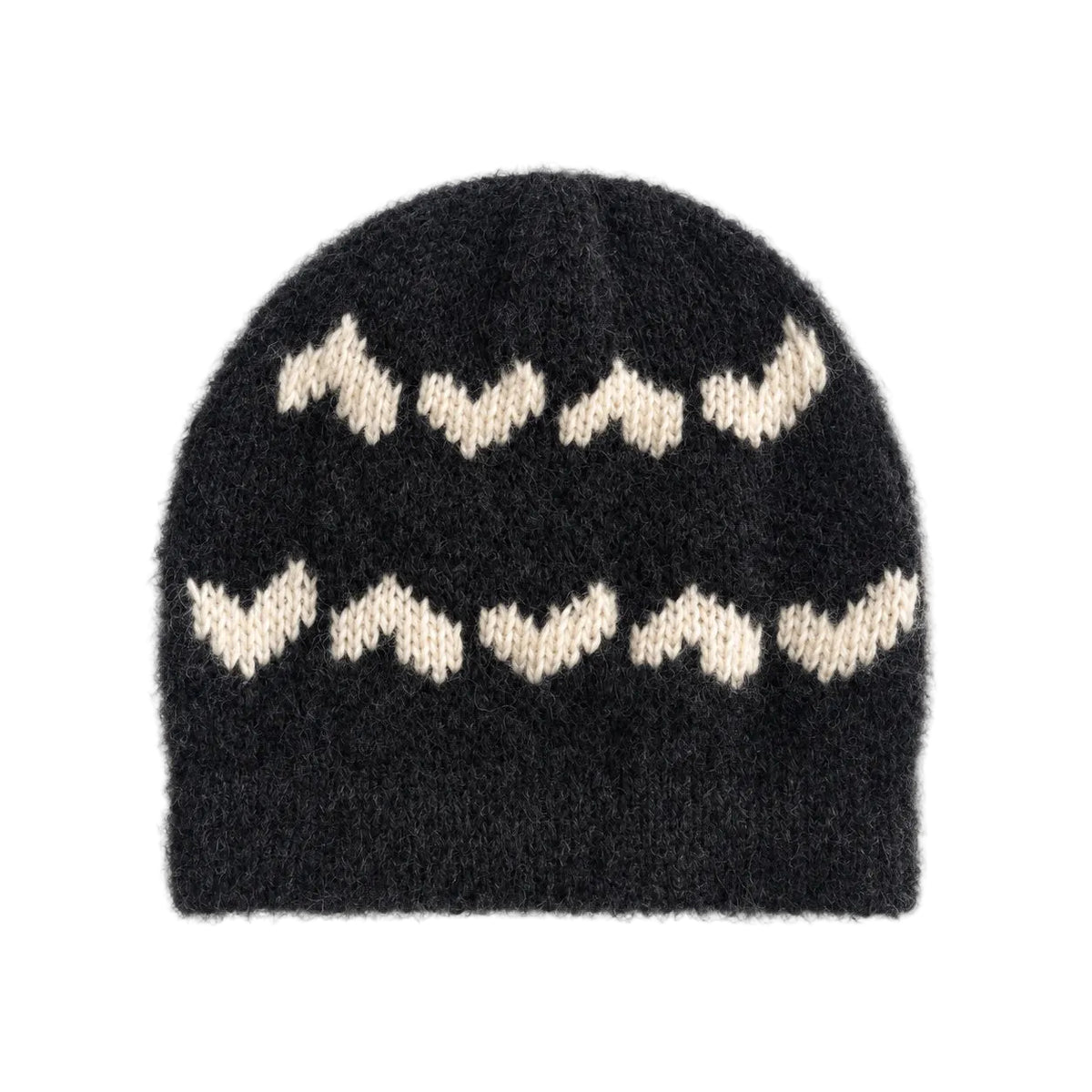 Flat view of the Ker-Isle Beanie in washed black multi with a fair isle knit and ribbed brim