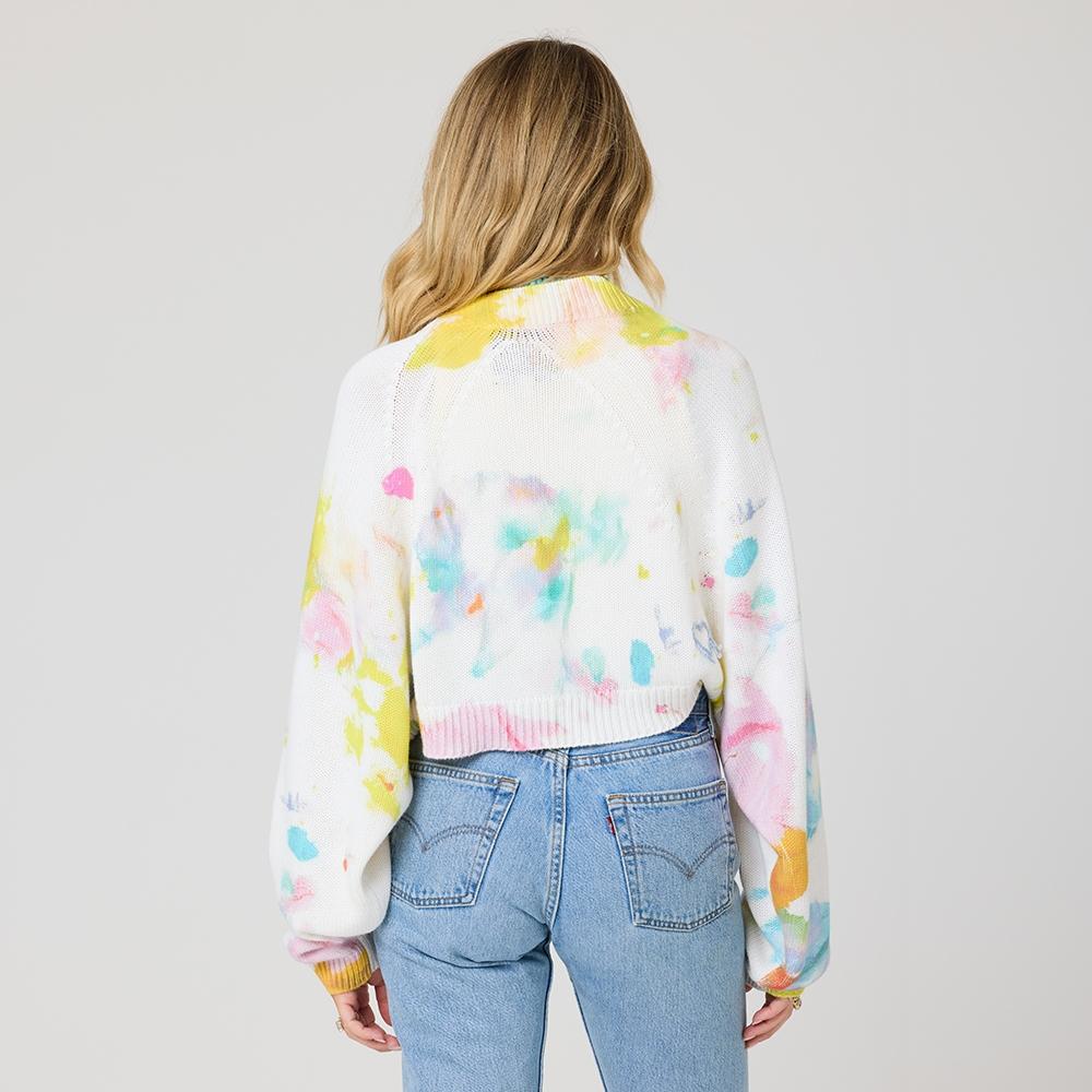 Multicolor knit shrug sweater in 100% cotton with screen printed artwork - Shop women's cute hug shrug by Kerri Rosenthal.