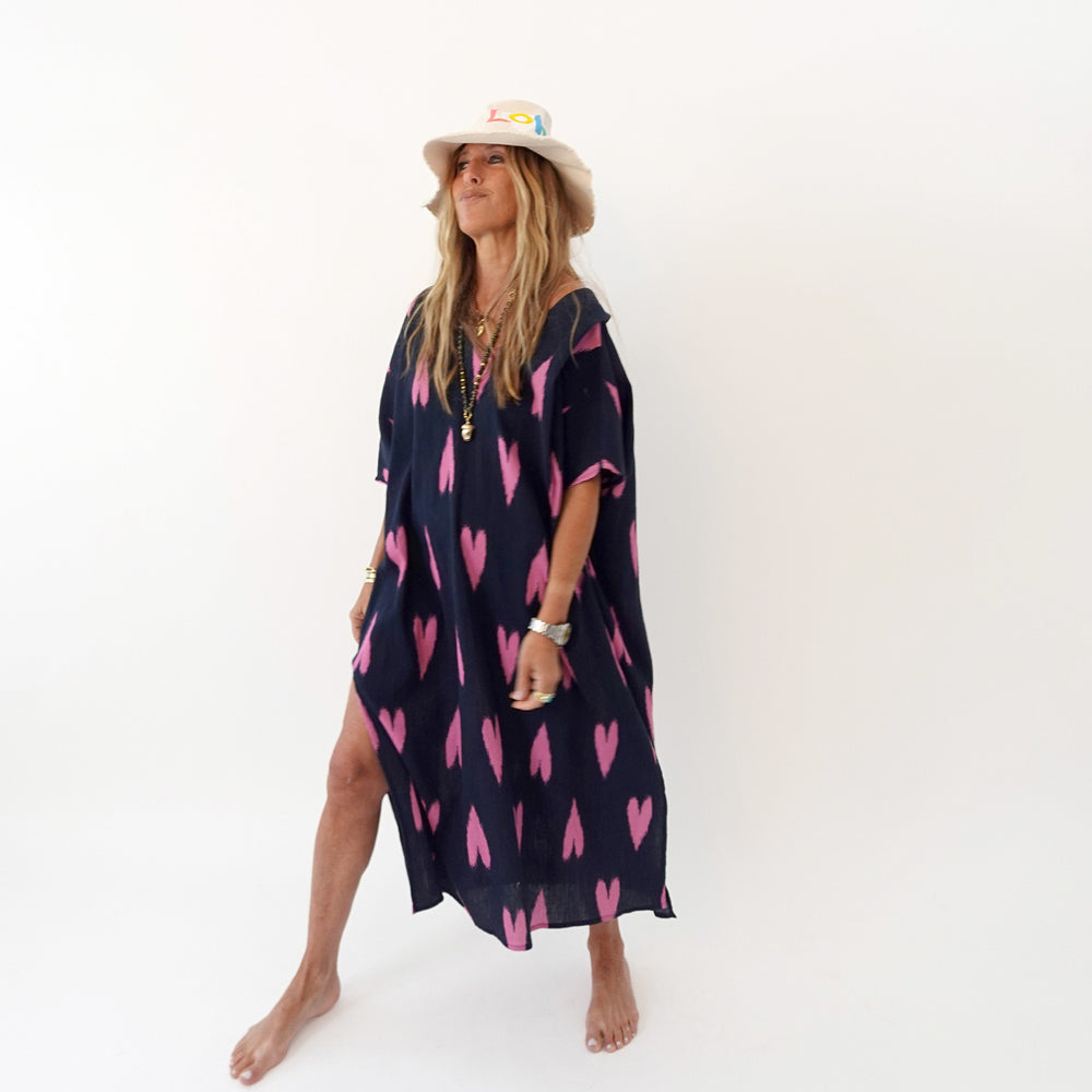 Navy blue roper ikat heart coverup dress with V-neck and kimono sleeve - Shop cute coverup dresses by Kerri Rosenthal