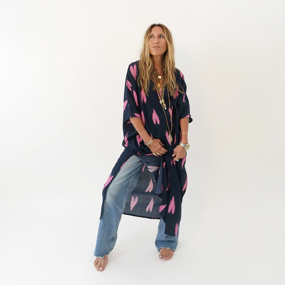Navy blue roper ikat heart coverup dress beach with blue denim jeans - Shop cute coverup dresses by Kerri Rosenthal