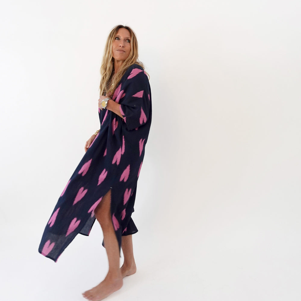 Navy blue roper ikat heart beach coverup with V-neck and kimono sleeve - Shop cute coverup dresses by Kerri Rosenthal
