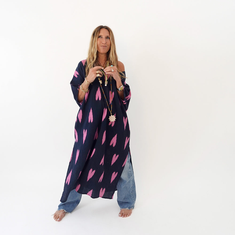 Navy blue roper ikat heart coverup dress with V-neck and kimono sleeve - Shop cute coverup dresses by Kerri Rosenthal
