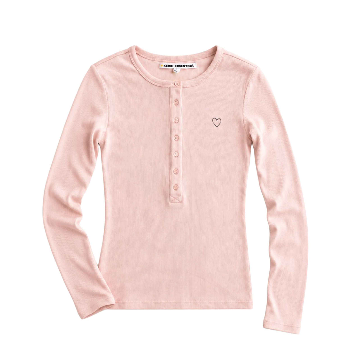Long Sleeve Rib Henley, Hardly Pink. with small buttons on the front and a dark grey embroidered heard on chest.