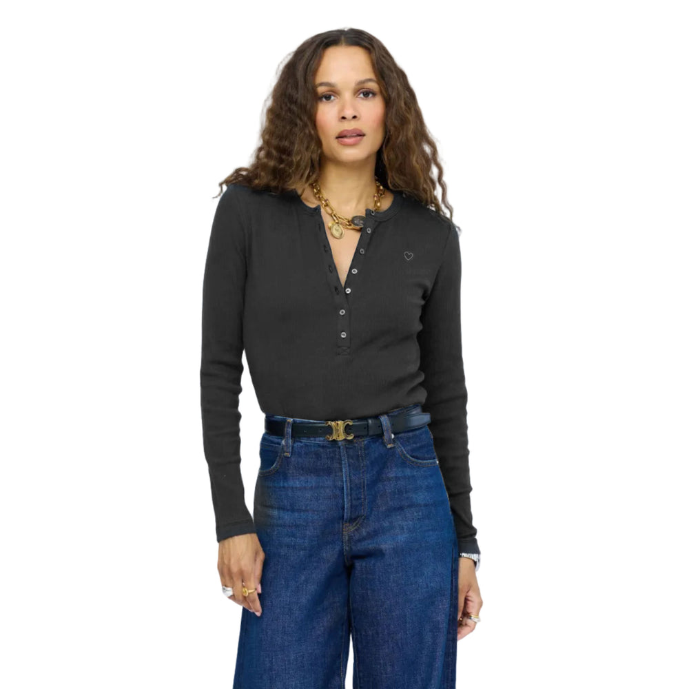 Kerri Rosenthal Long Sleeve Rib Henley in anthracite with buttons at center front, worn with jeans and a belt, hands on hips