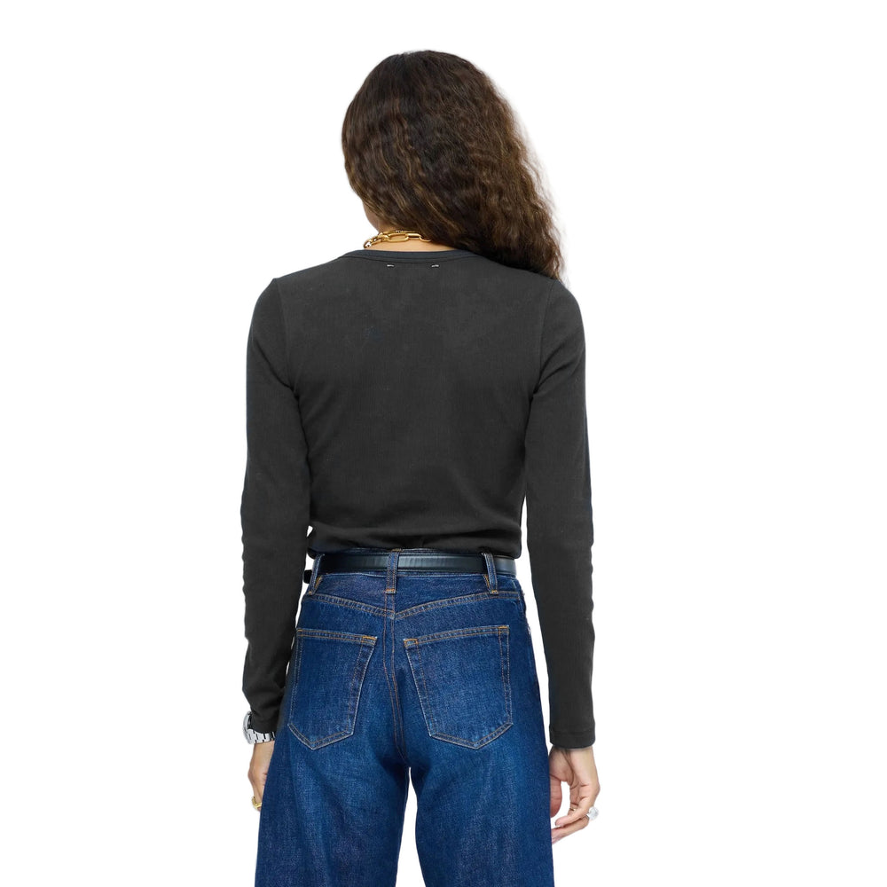Kerri Rosenthal Long Sleeve Rib Henley in anthracite, back view styled with jeans and belt