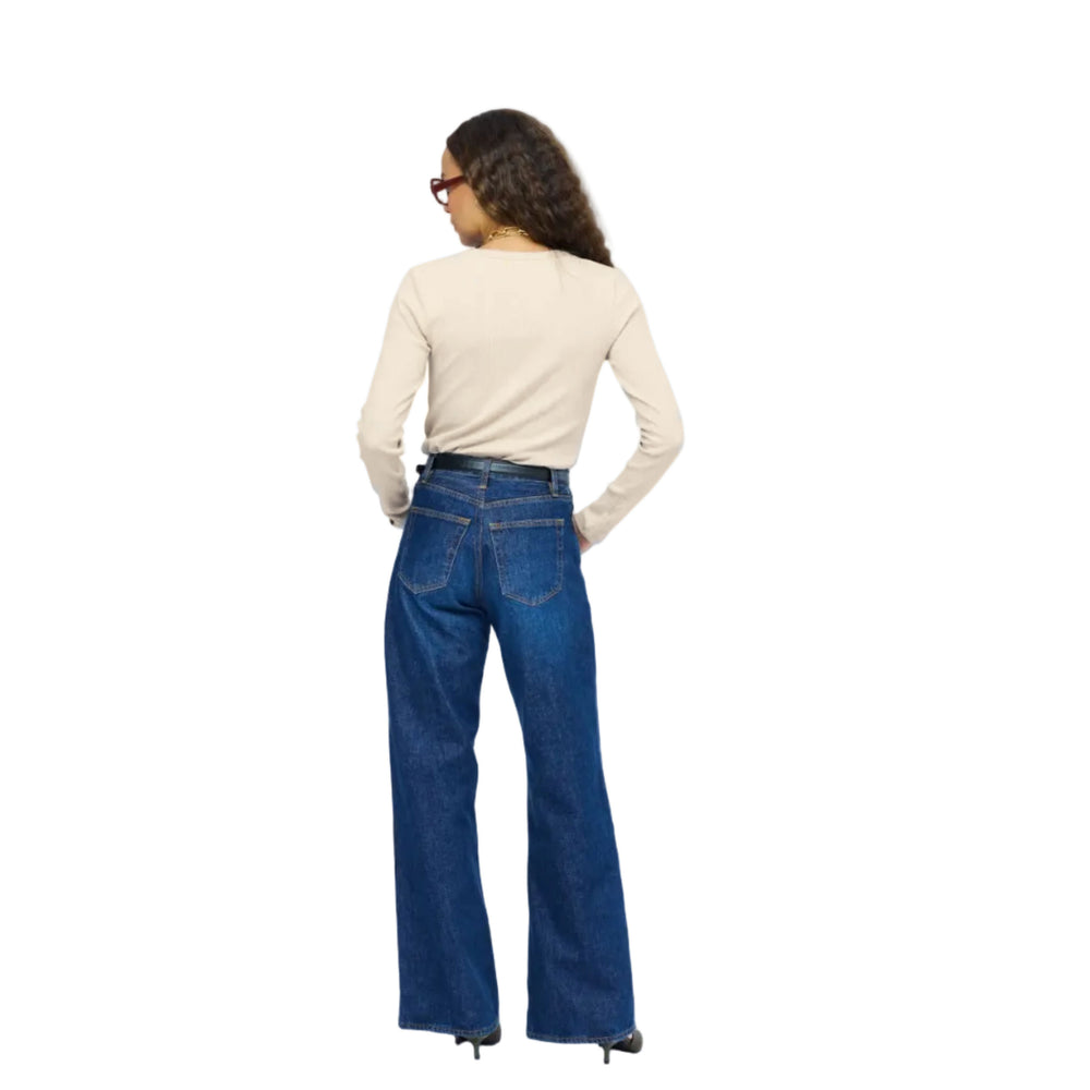 Kerri Rosenthal ivory rib henley back view, styled with wide-leg jeans