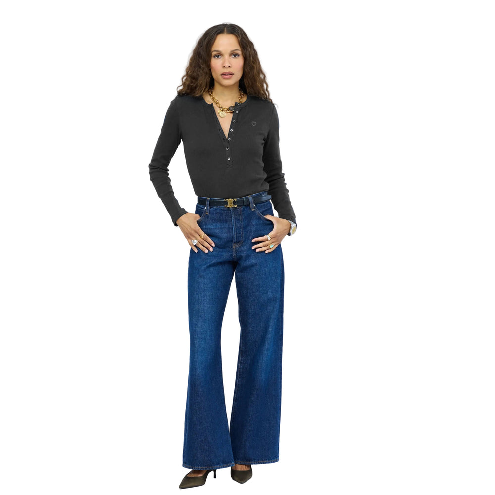Kerri Rosenthal Long Sleeve Rib Henley in anthracite and wide-leg jeans, full-length front view with boots
