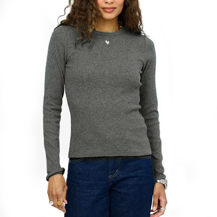 KR Long Sleeve Rib Tee in heather gray, ribbed crewneck fit, styled with denim.